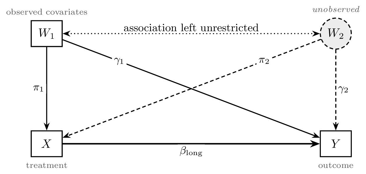 A diagram of the model. Boxes mark the observed variables W1, X and Y; a dashed circle marks the unobserved W2. Solid arrows pi-1 and gamma-1 run from W1 into X and Y, dashed arrows pi-2 and gamma-2 run from W2 into X and Y, and a heavy arrow labelled beta-long runs from X to Y. A dotted double-headed arrow between W1 and W2 is labelled association left unrestricted.