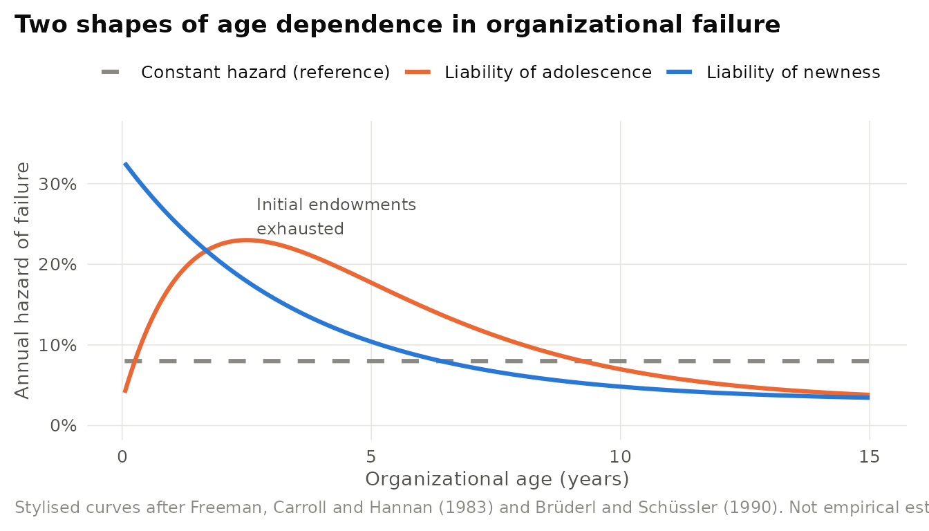 Stylised hazard rates of organizational failure by age. Liability of newness predicts a monotonic decline. Liability of adolescence predicts an initial rise while initial endowments buffer the venture, followed by a decline. Illustrative functional forms only.
